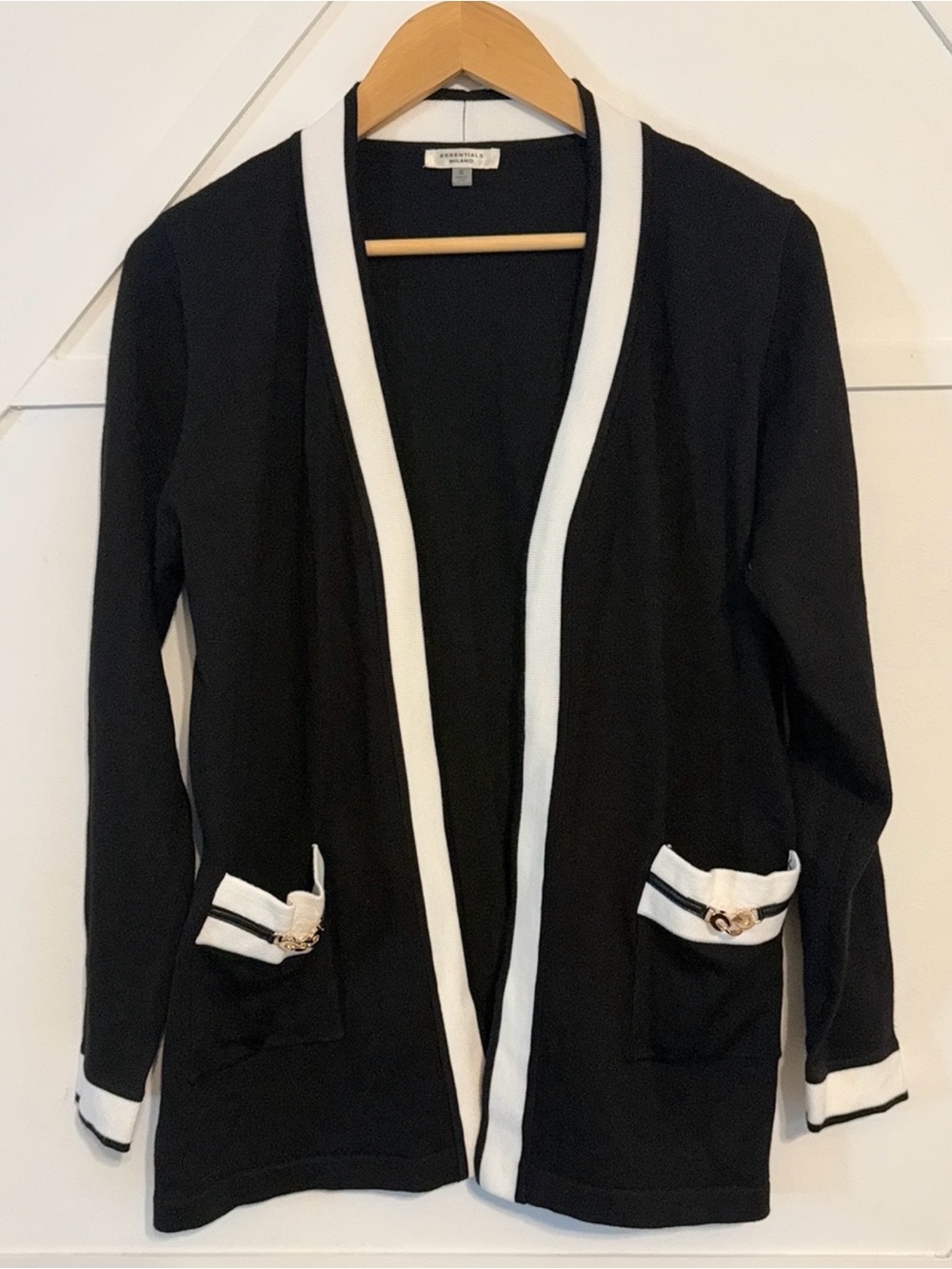 Essentials Black Cardigan with White Trim and Pocket Accents